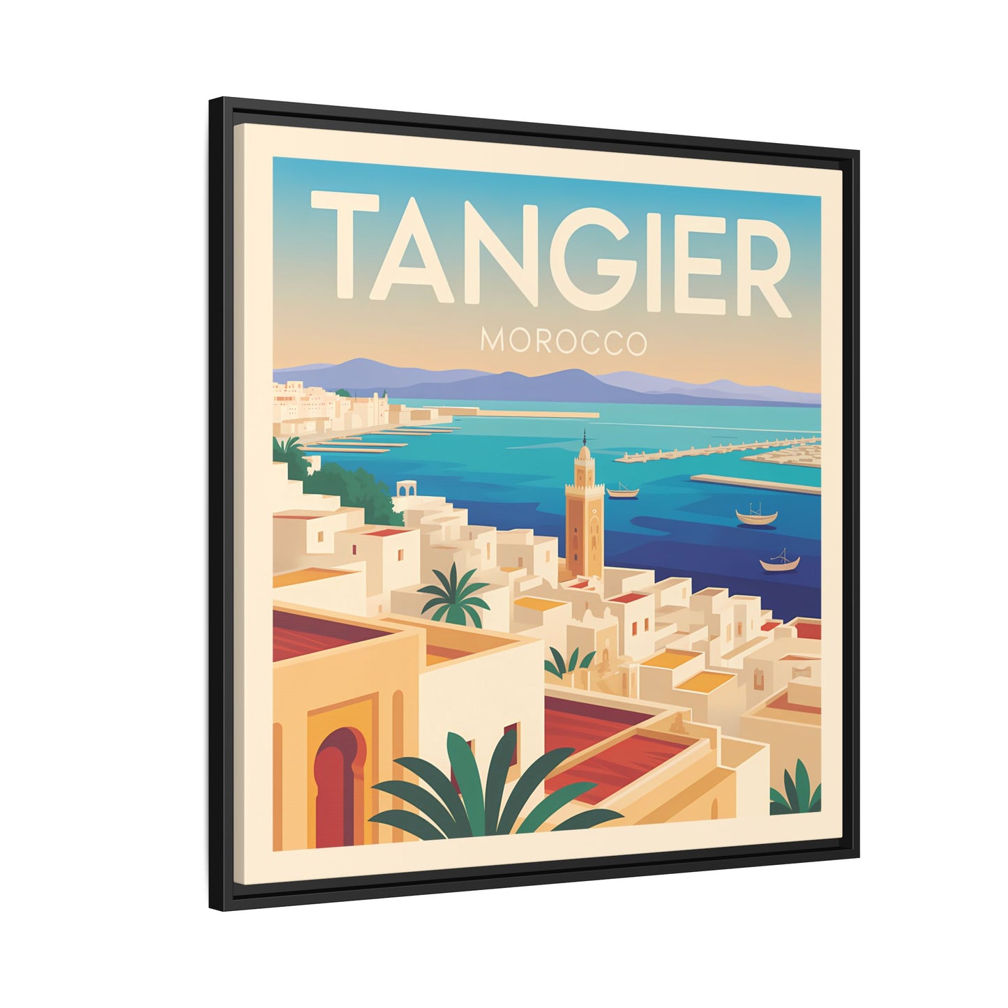 Tangier Morocco Travel Framed Wall Art Matte Canvas | Vintage Style Coastal Wall Art