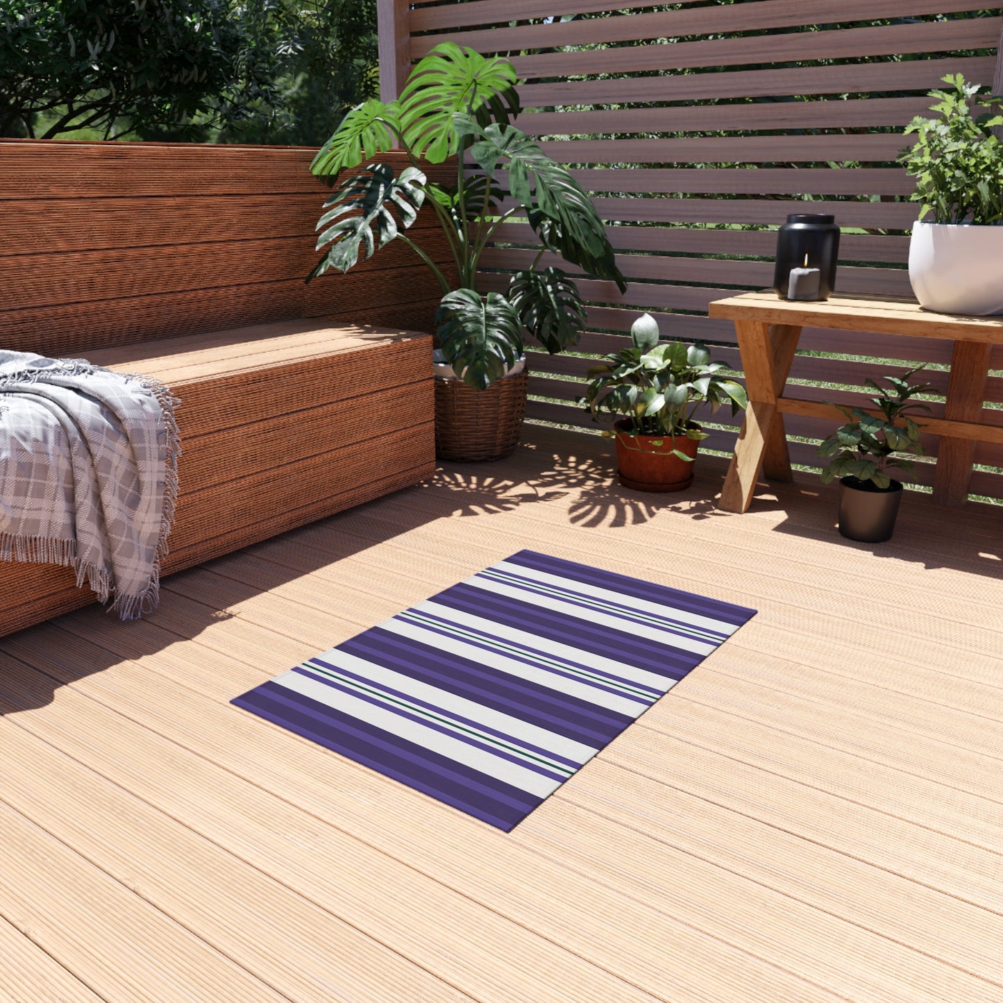 Purple White Stripe Pattern Outdoor/Indoor Rug | Coastal Patio Mat