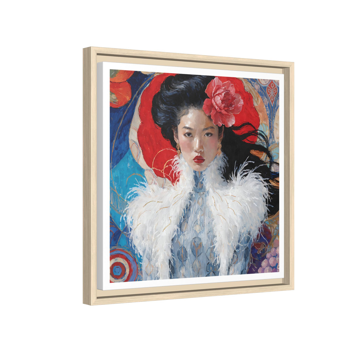 Asian Femme Portrait Matte Canvas Framed | Woman with Feather Collar Wall Art