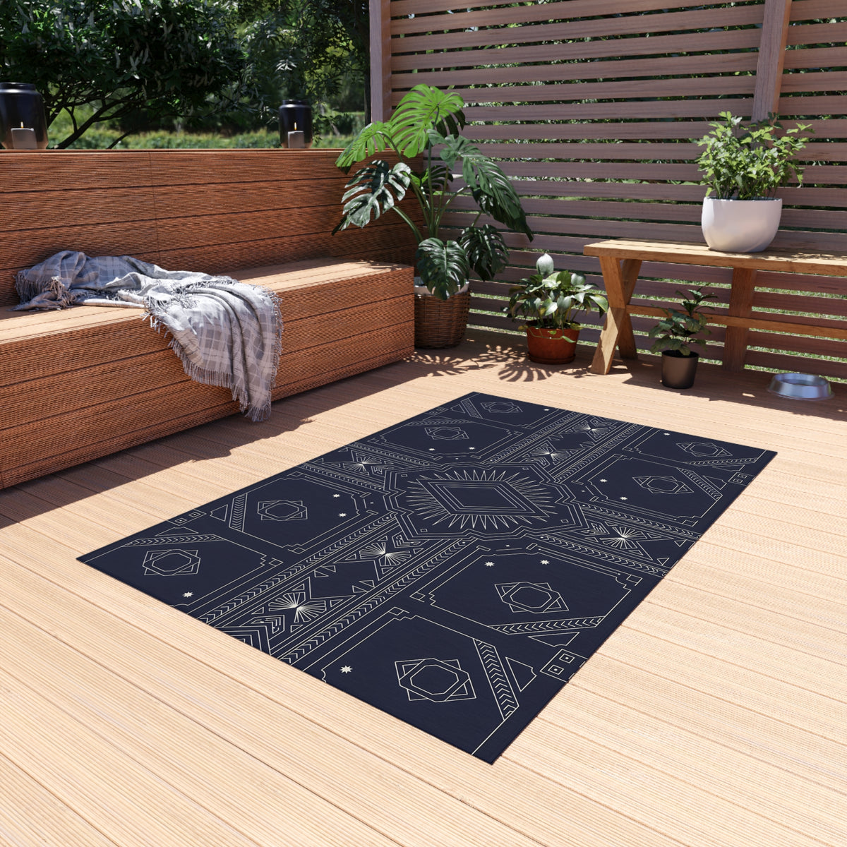 Geometric Aztec Pattern Outdoor Rug | Navy Diamond Porch Mat