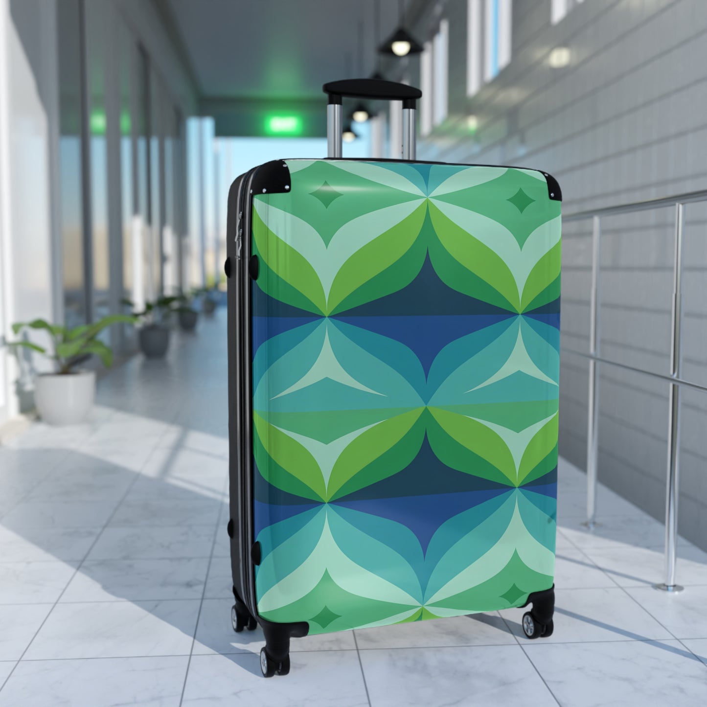 Retro Geometric Mid Century Pattern Suitcase | Green Blue Travel Luggage