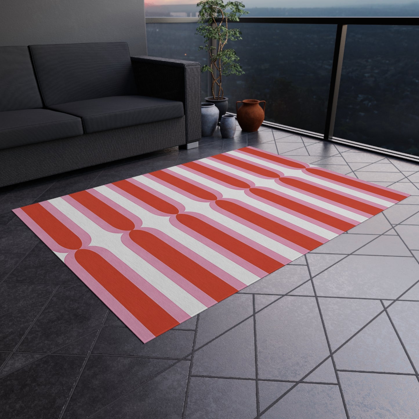Retro Pink Orange White Stripe Outdoor/Indoor Rug | Geometric Patio Mat