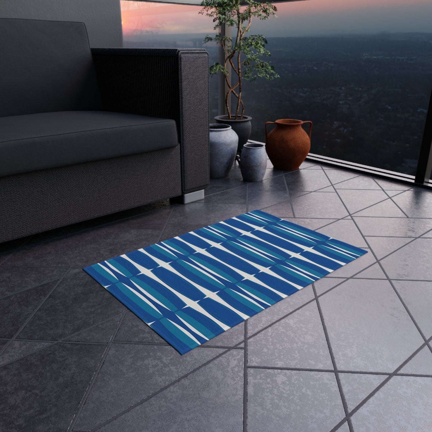 Blue White Mid-Century Geometric Outdoor Rug | Retro Teal Navy Pattern