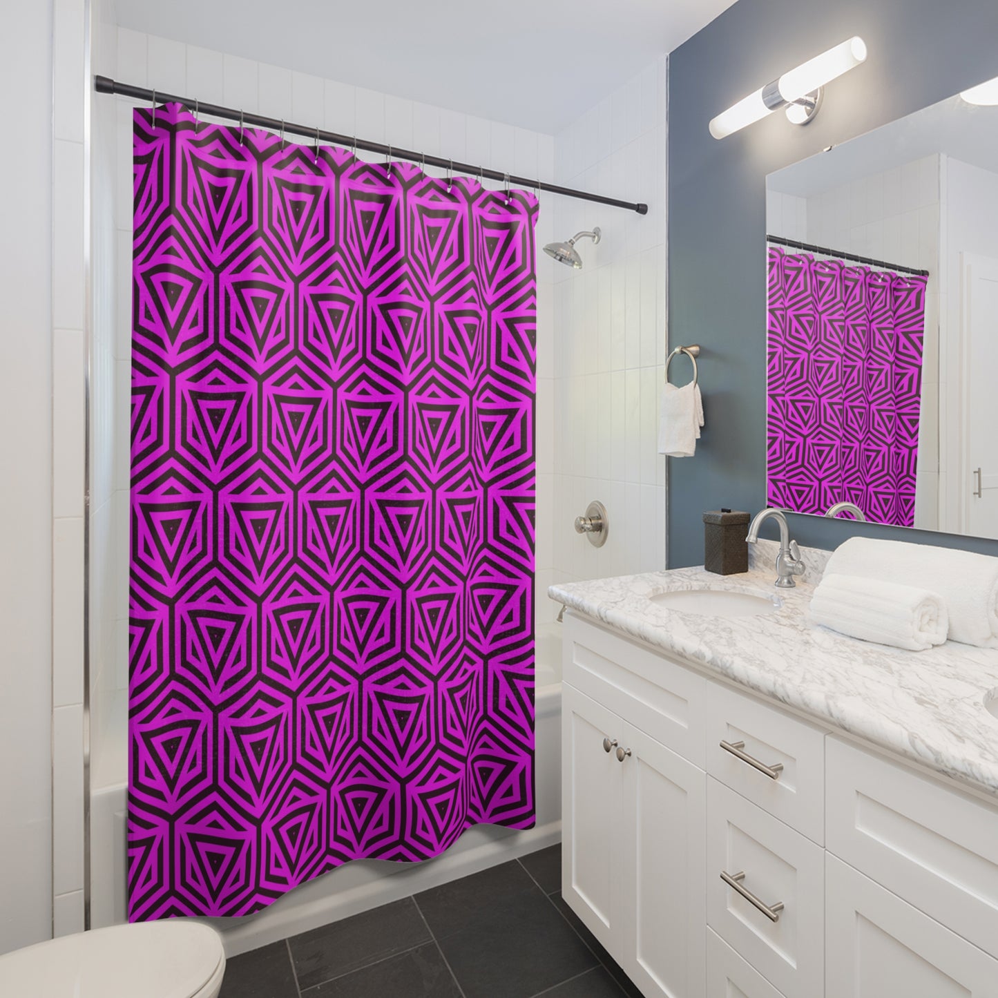 Geometric Neon Pink Pattern Shower Curtain | Retro Optical Tile