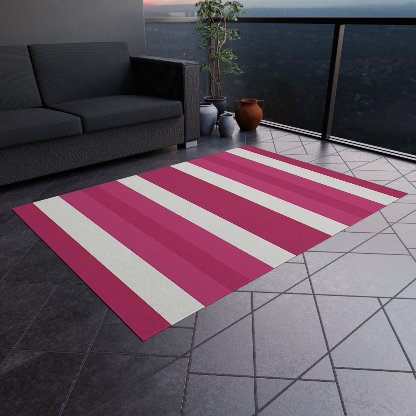 Pink and White Striped Outdoor/Indoor Rug | Patio Mat, Sunroom Deck