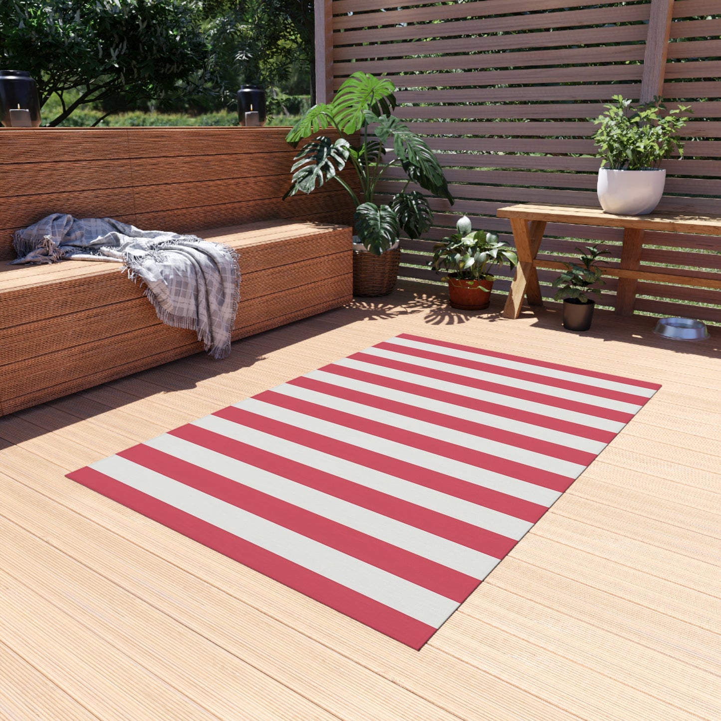 Red-Pink and White Vertical Stripe Outdoor/Indoor Rug | Patio Mat, Coastal Deck Accent