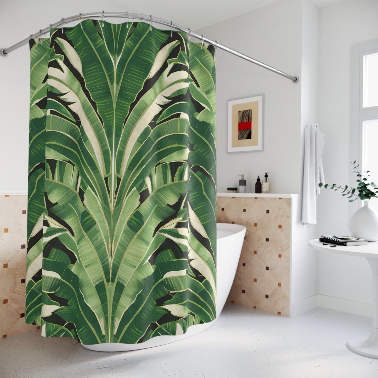 Palm Leaf Shower Curtains, Hollywood Regency Bathroom Decor, Tropical Bathroom Accessory, Green Leaf Print Bath Curtain, Boho Chic Home