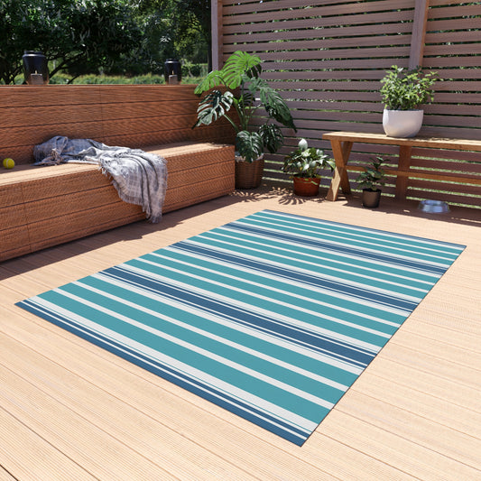 Blue Teal White Stripe Outdoor/Indoor Rug | Patio Deck Mat