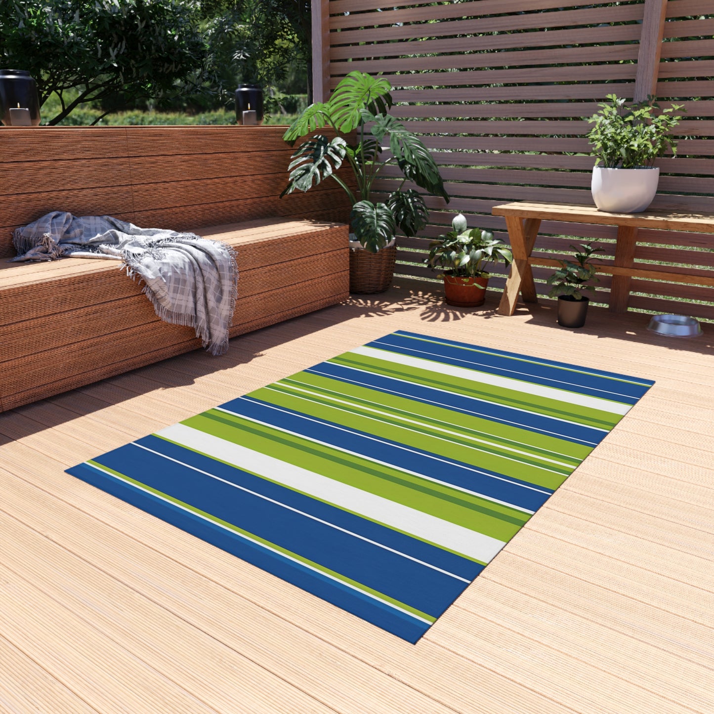 Blue Green Stripe Outdoor/Indoor Rug | Patio Mat, Weatherproof Outdoor Rug