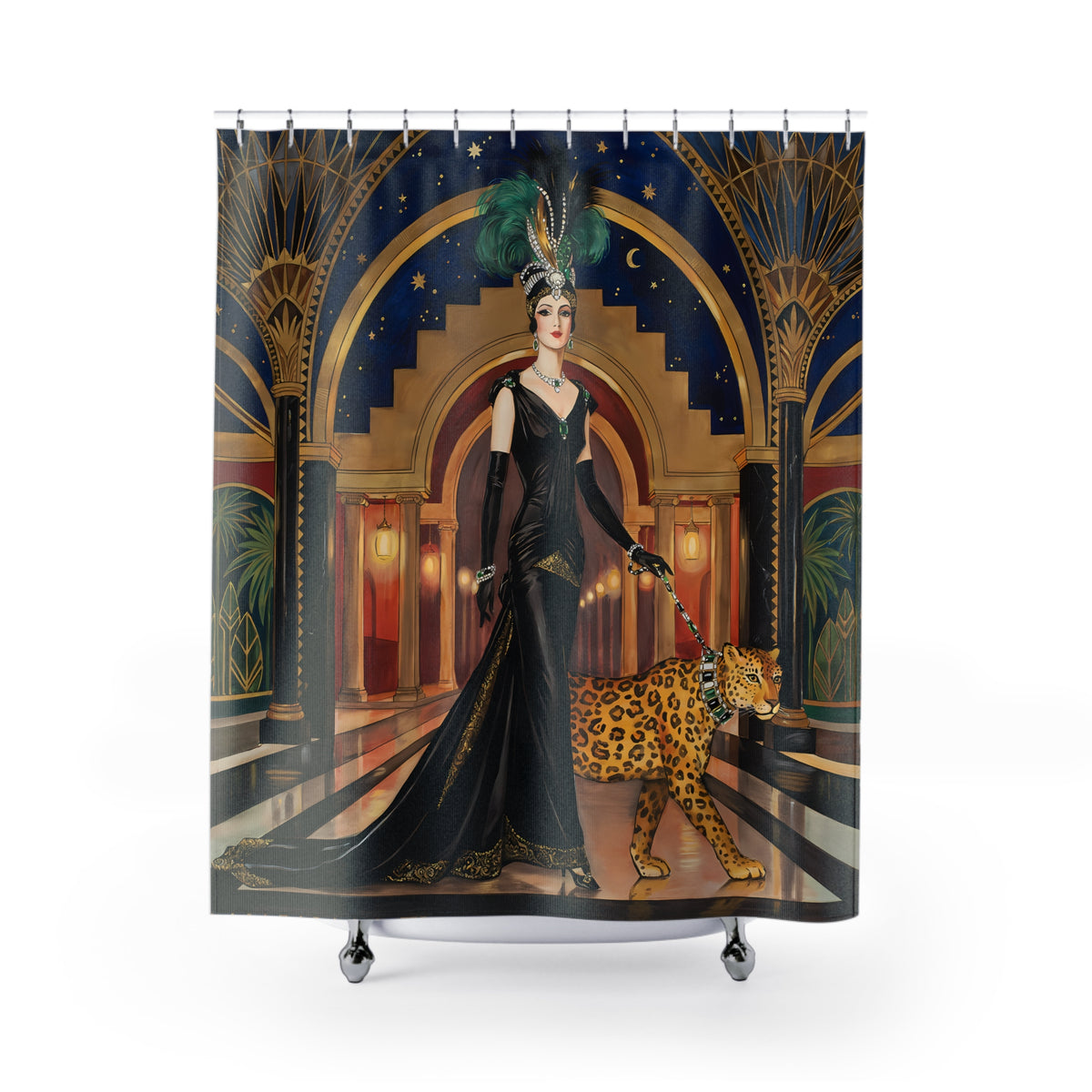 Art Deco Flapper with Leopard Shower Curtain | 1920s Gatsby Bathroom