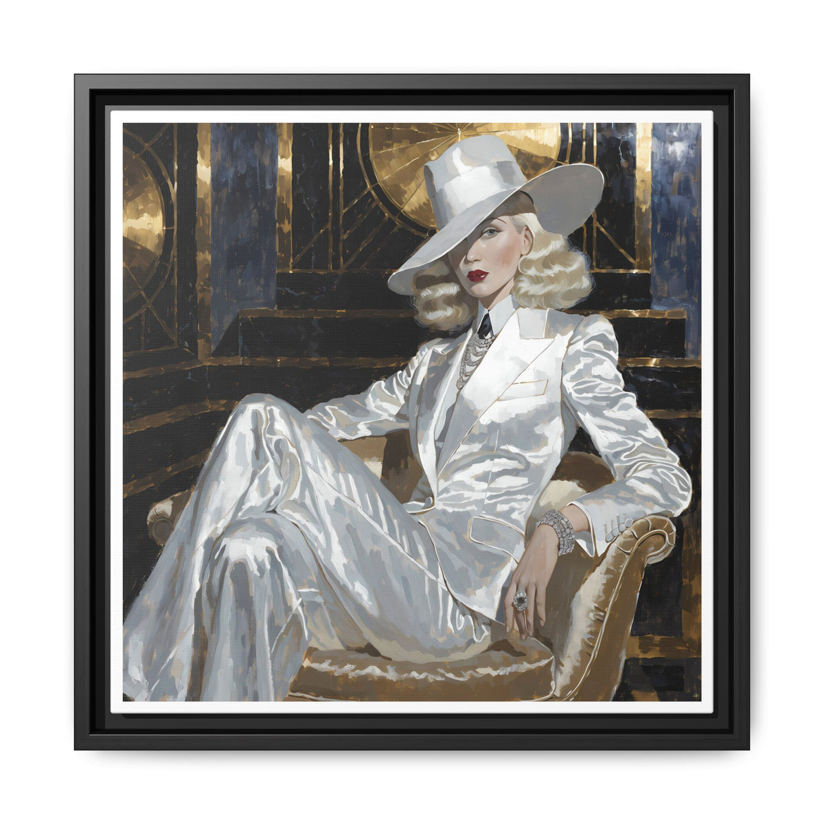 Woman in White Suit Art Print Matte Canvas, Framed | Glamorous Fashion Portrait