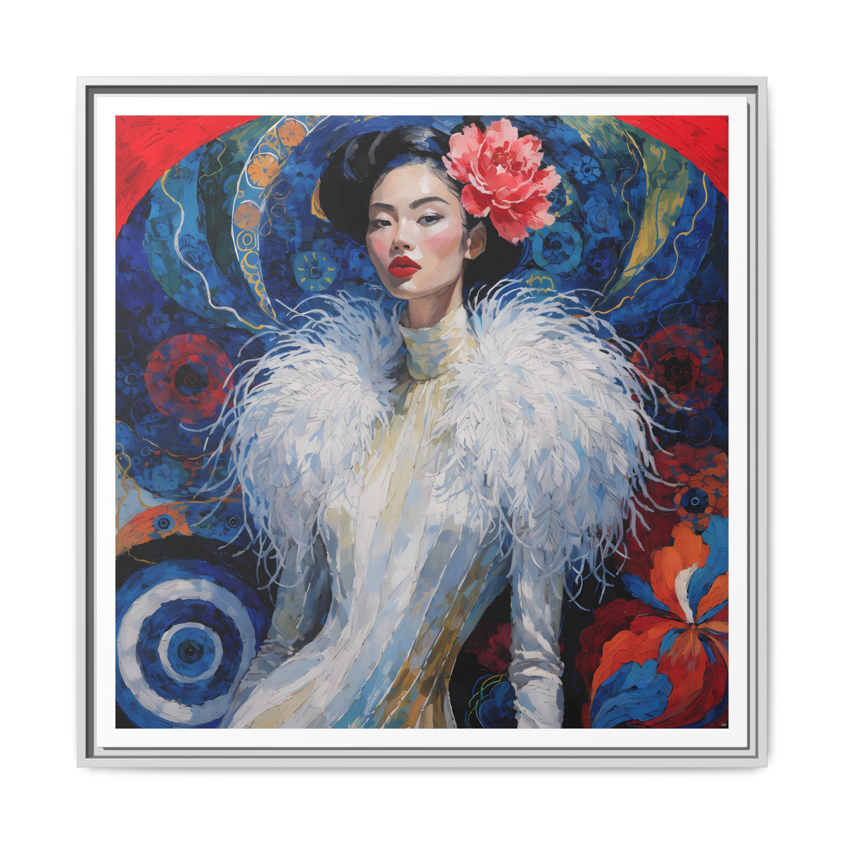 Floral Portrait  Asian Woman Matte Canvas Framed | Colorful Modern Wall Art