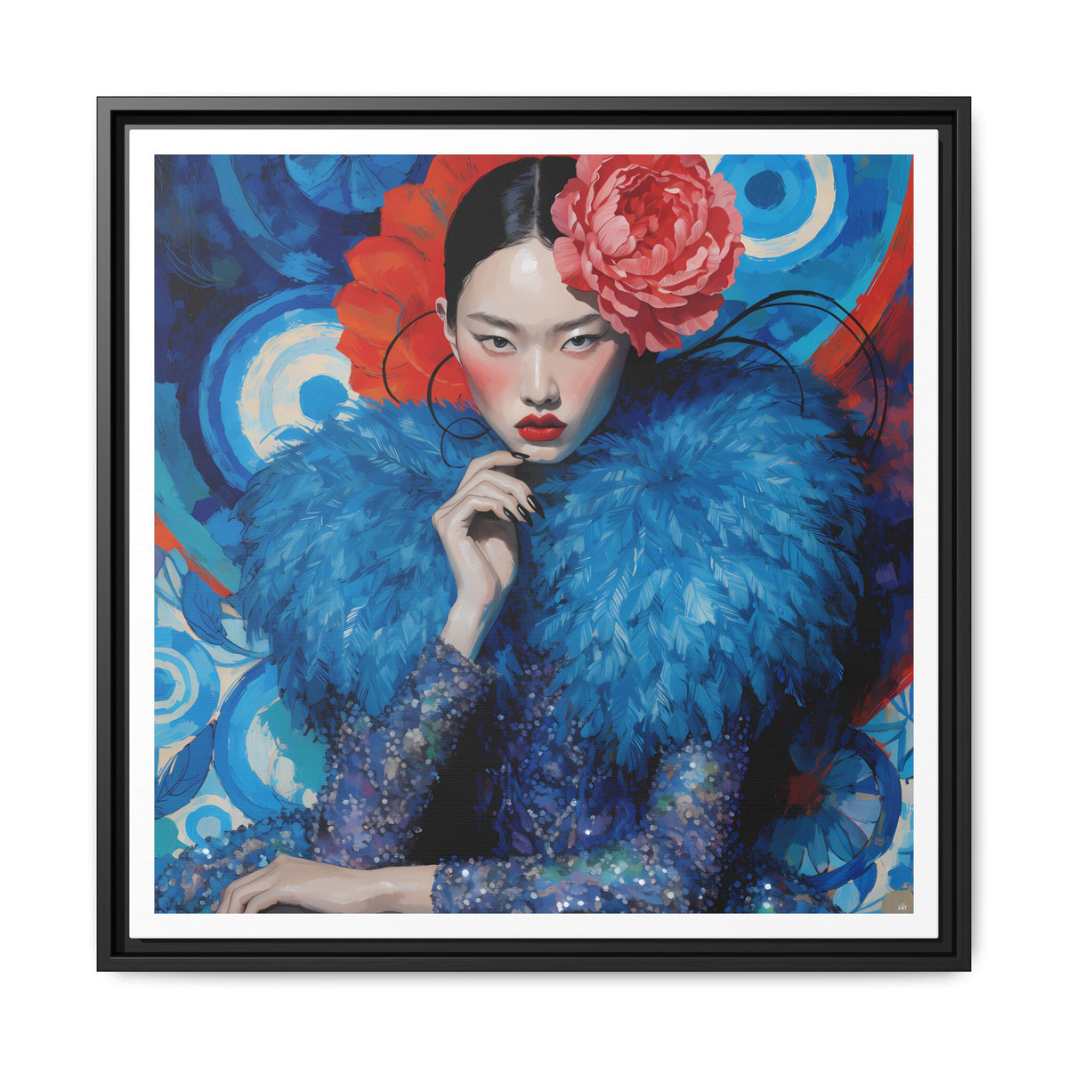 Floral-Femme Asian Woman Portrait Matte Canvas Framed Wall Art | Colorful Fashion Illustration