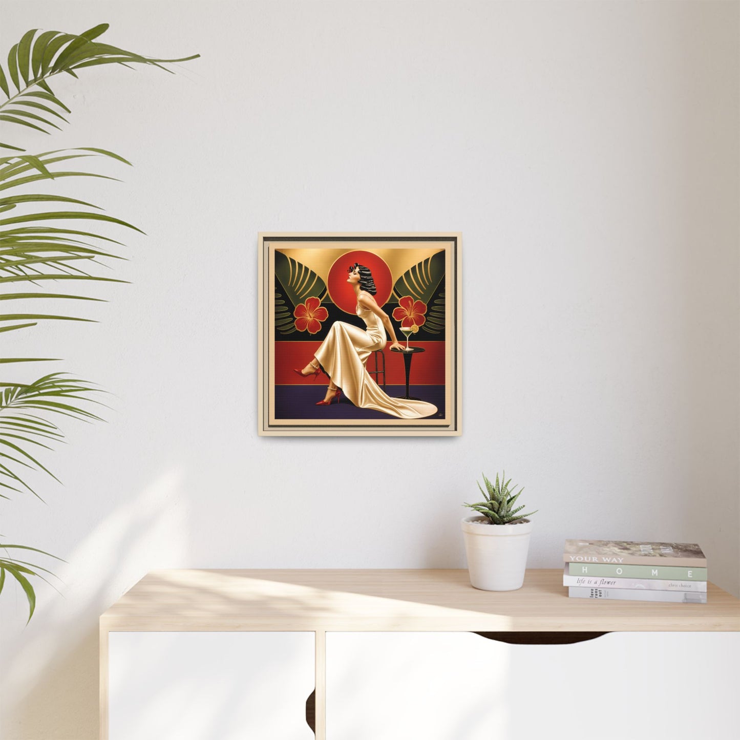 Art Deco Lady Red Green Beige Tropical Canvas Framed Wall Art | Matte Print