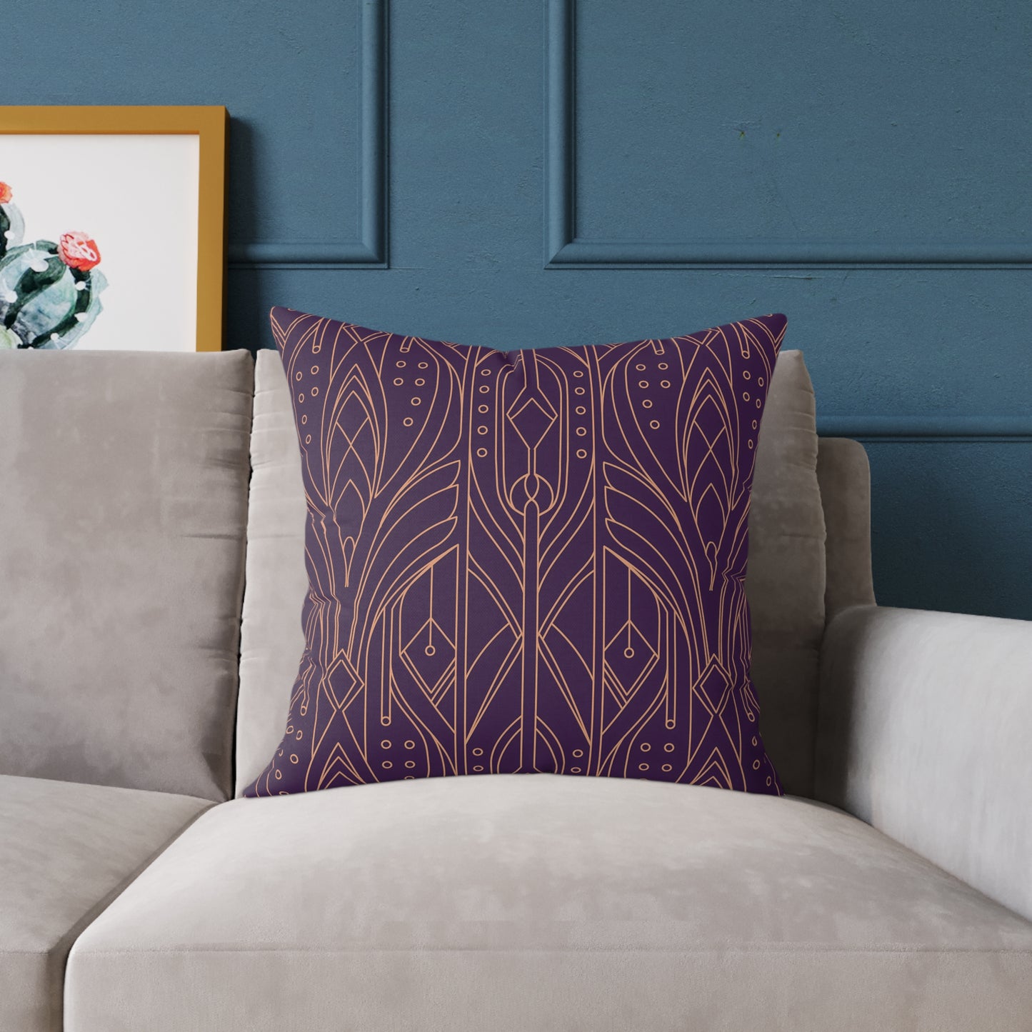Art Deco Geometric Pattern Square Pillow | Purple Copper