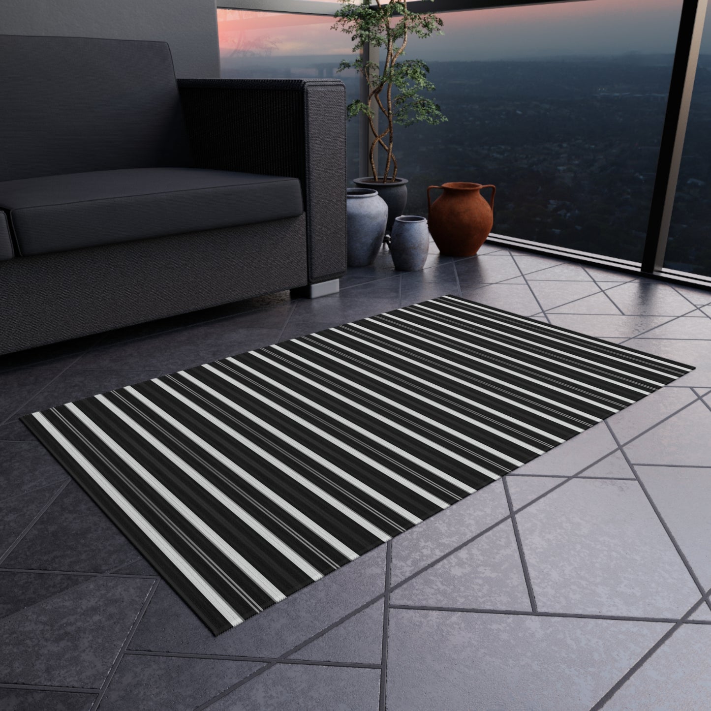 Black White Stripe Indoor/Outdoor Rug | Modern Patio Mat, Reversible Striped Floor Rug