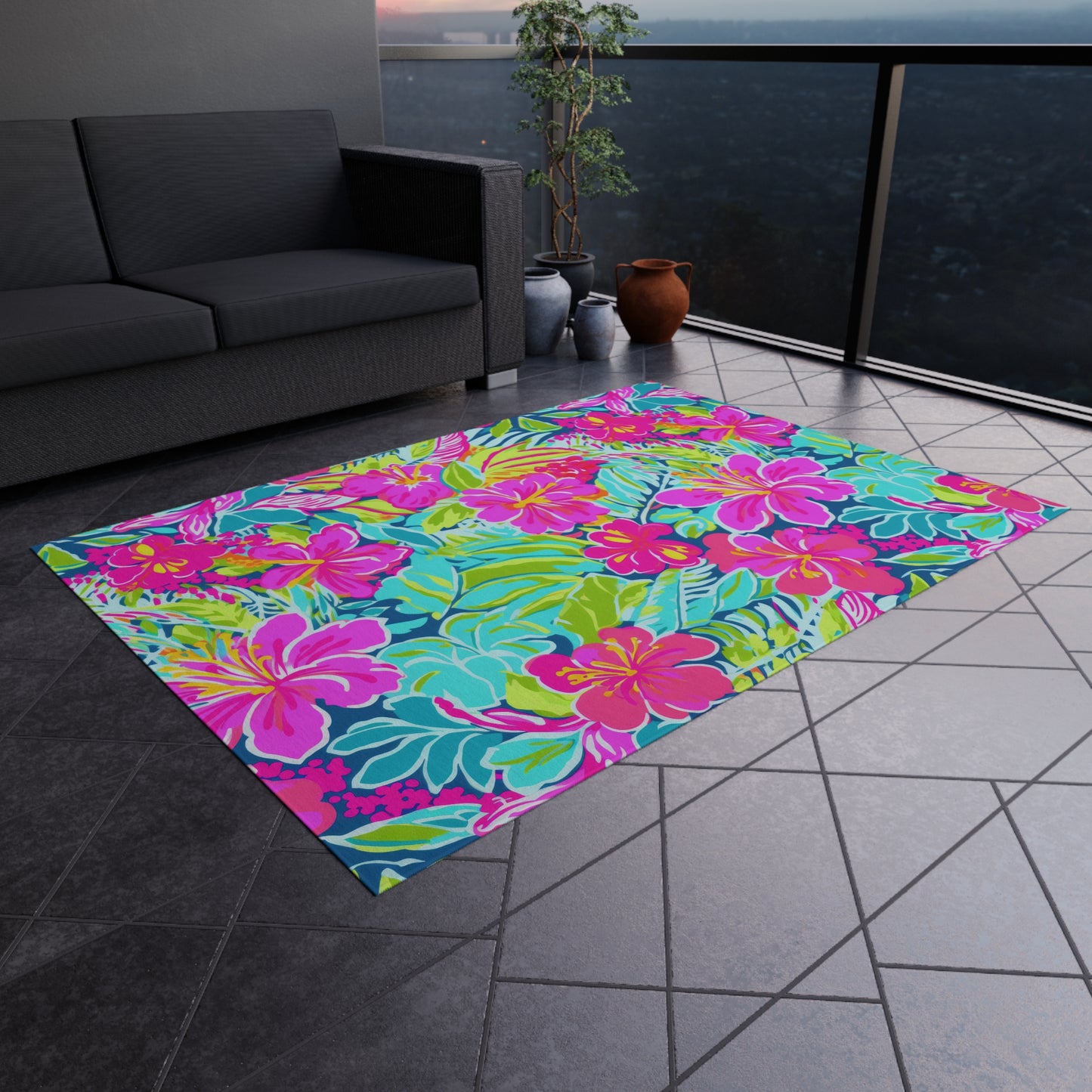 Tropical Hibiscus Floral Outdoor Rug | Bright Pink Teal Patio Mat