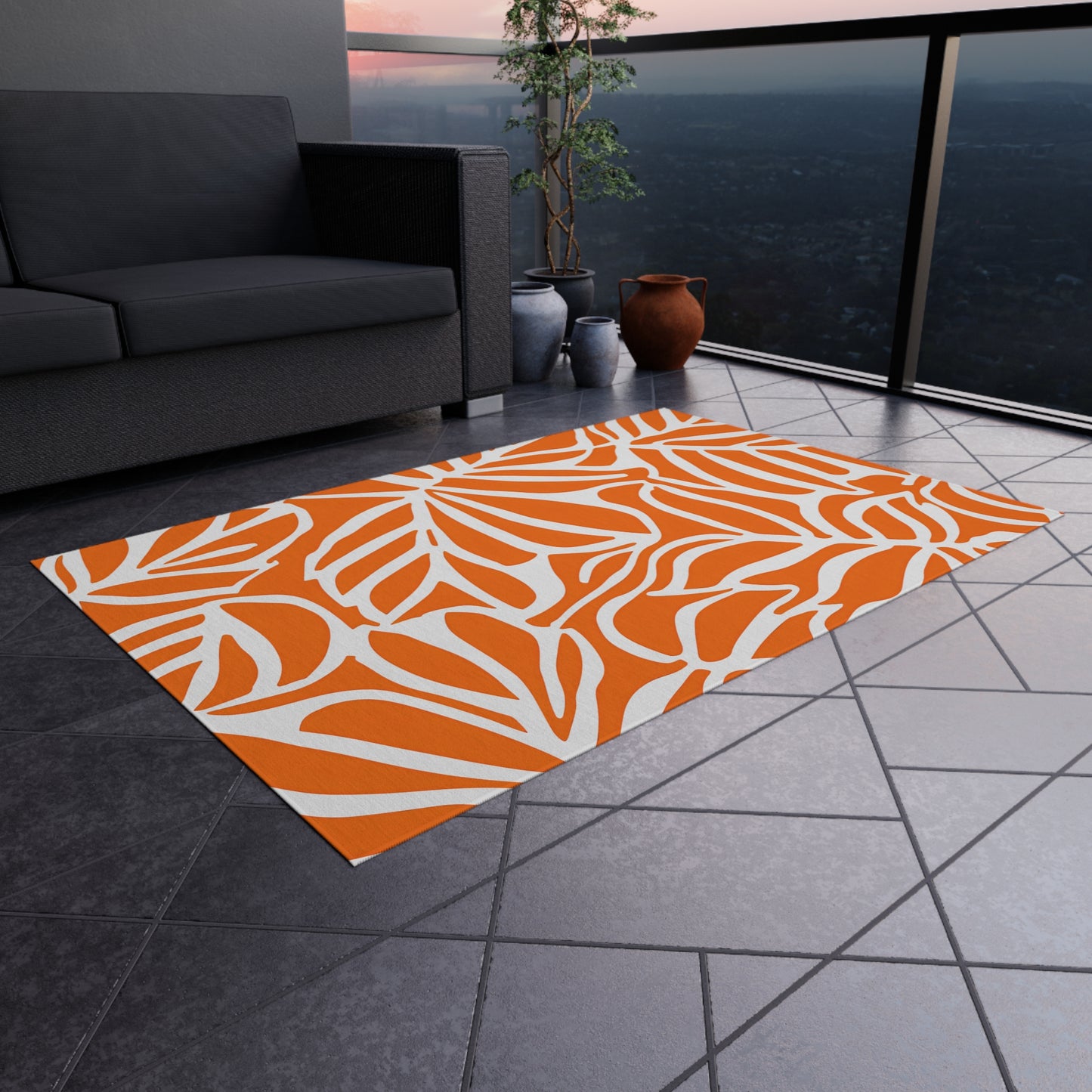 Tropical Leaf Pattern Outdoor/Indoor Rug | Orange White