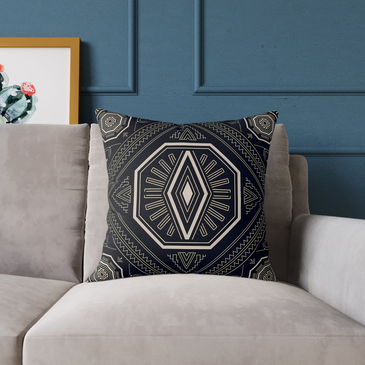 Geometric Black & Cream Tribal Medallion Square Pillow | Boho Aztec Pattern