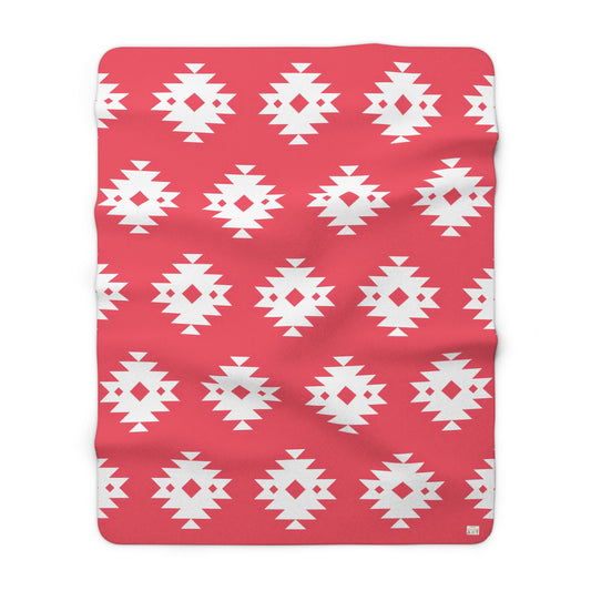 Southwestern Navajo Pattern Sherpa Blanket | Coral and white Geometric Throw