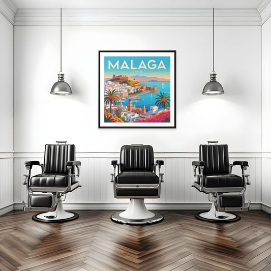 Malaga Spain Coastal  Matte Canvas Framed Wall Art| Vintage Style Travel Art
