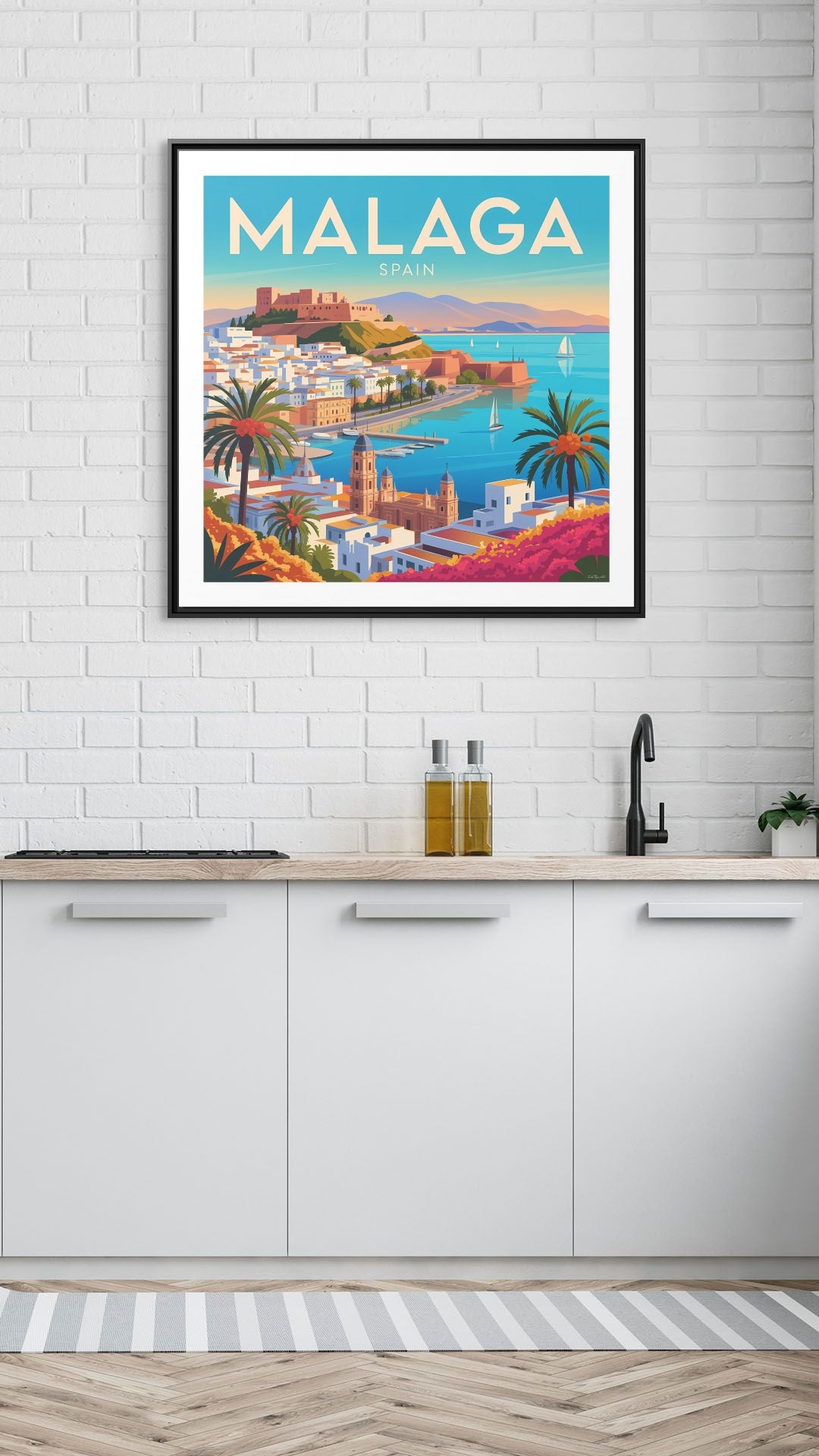 Malaga Spain Coastal  Matte Canvas Framed Wall Art| Vintage Style Travel Art