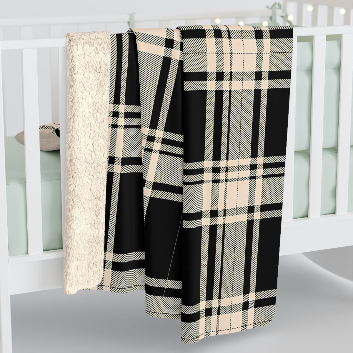 Black Beige Plaid Sherpa Fleece Blanket | Cozy Buffalo Check Throw