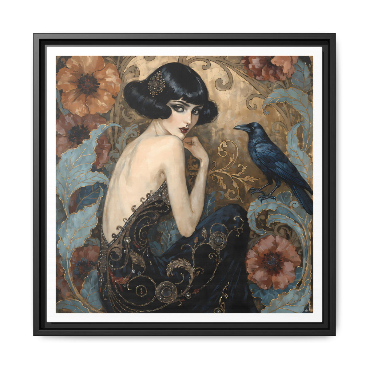 Art Deco Lady with Raven Matte Canvas Framed Wall Art | Vintage Floral Portrait
