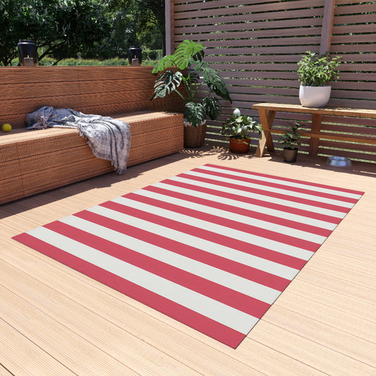 Red-Pink and White Vertical Stripe Outdoor/Indoor Rug | Patio Mat, Coastal Deck Accent