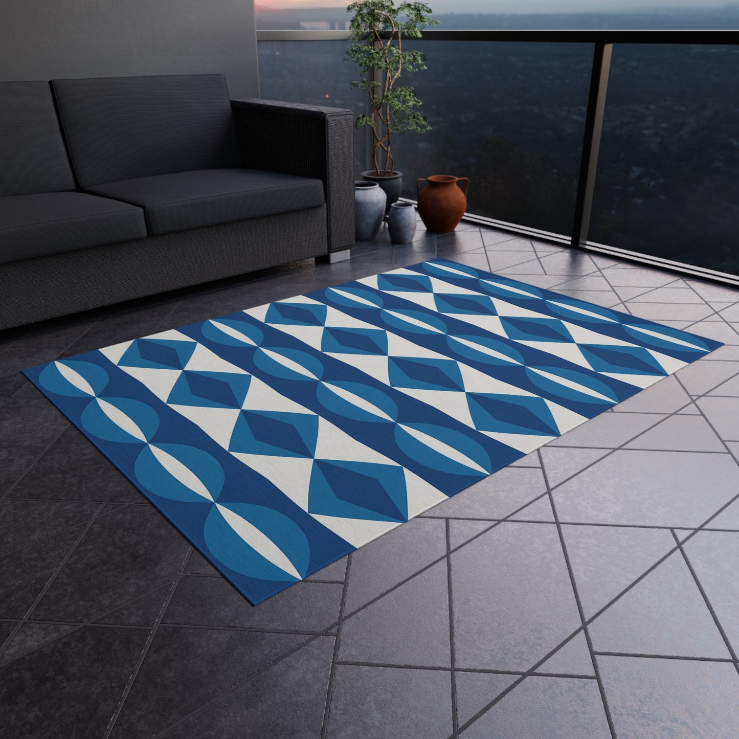 Blue White Geometric Pattern Outdoor Rug | Modern Diamond Stripe Patio Mat
