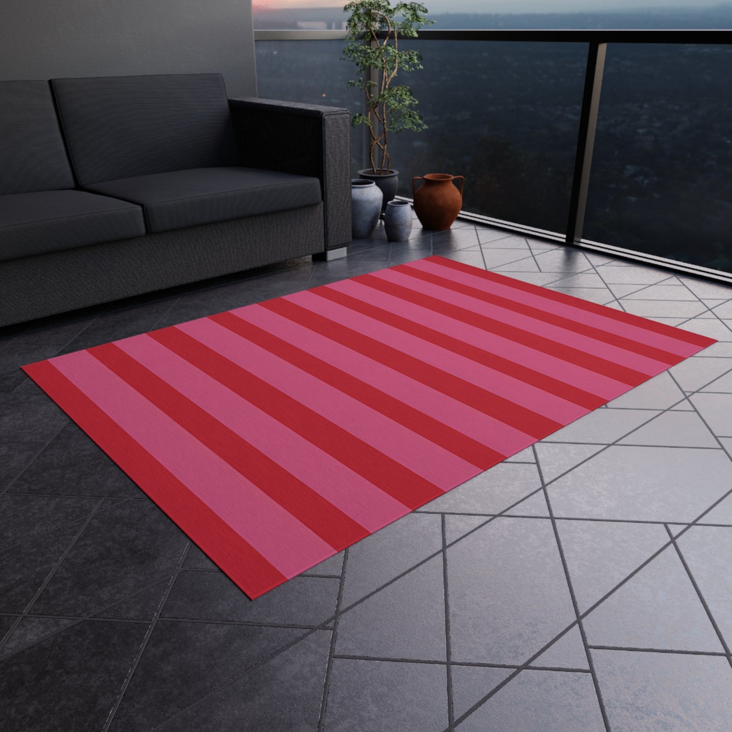 Bold Pink Red Striped Outdoor/Indoor Rug | Waterproof Patio Mat
