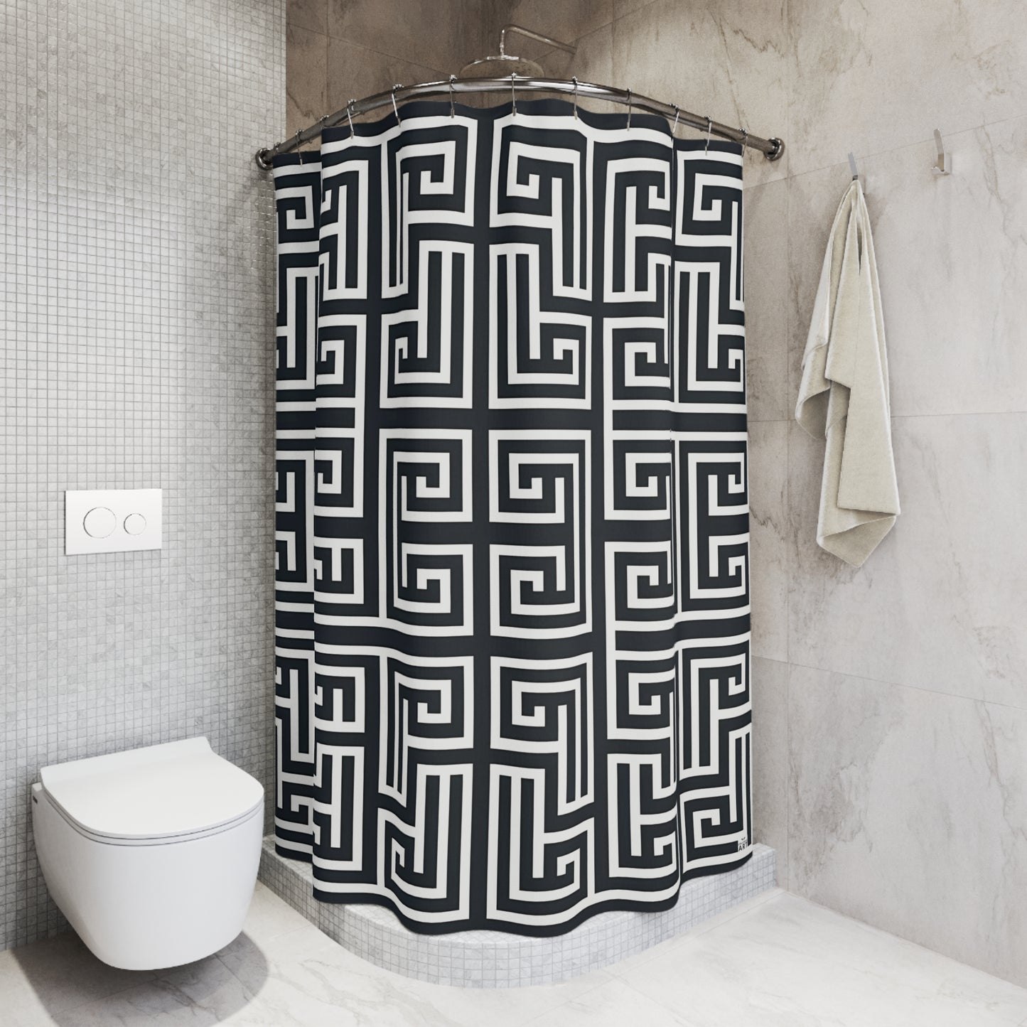Greek Key Geometric Shower Curtain | Black White Maze Pattern