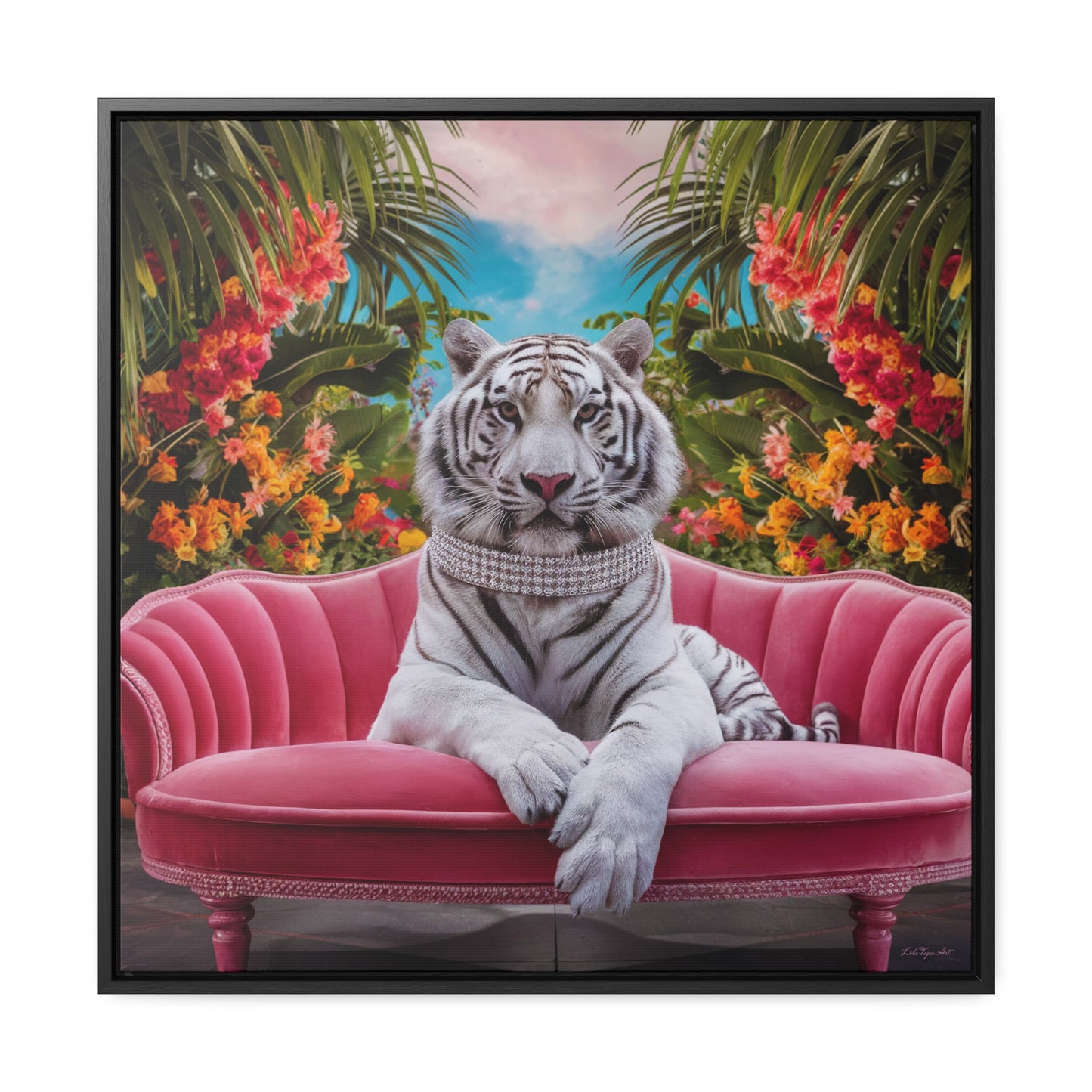 Square Frame Wall Art, Majestic White Tiger Diamond Collar Pink Velvet Couch Canvas, Tropical Flowers, Gallery Canvas Wraps