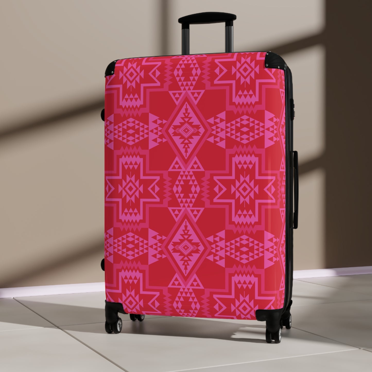 Red & Pink Aztec Geometric Pattern Suitcase | Travel Luggage Cover