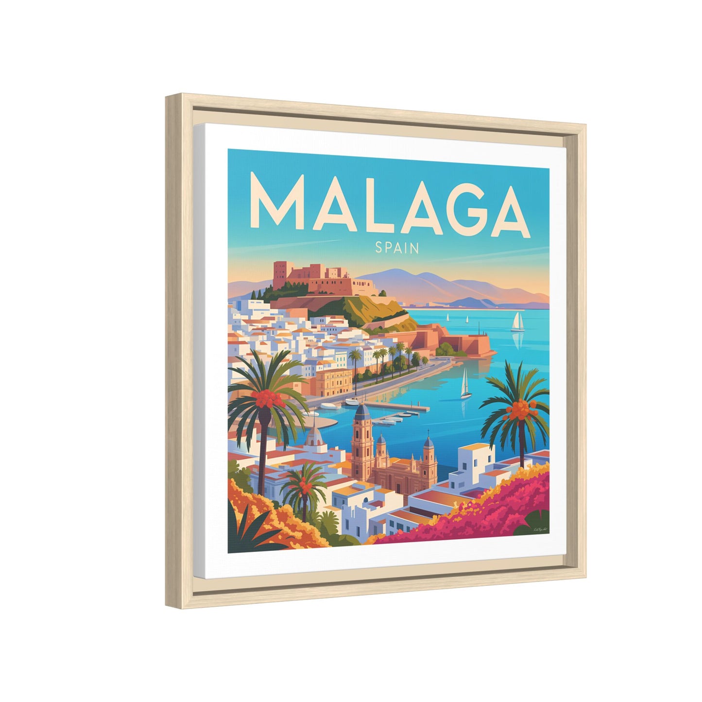 Malaga Spain Coastal  Matte Canvas Framed Wall Art| Vintage Style Travel Art