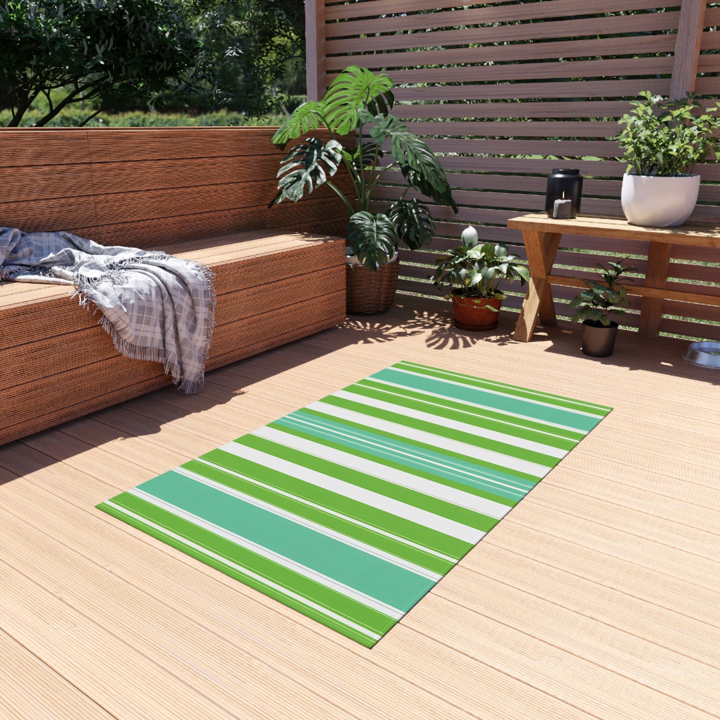 Green Blue White Stripe Outdoor/Indoor Rug | Patio Mat, Weatherproof Area Rug