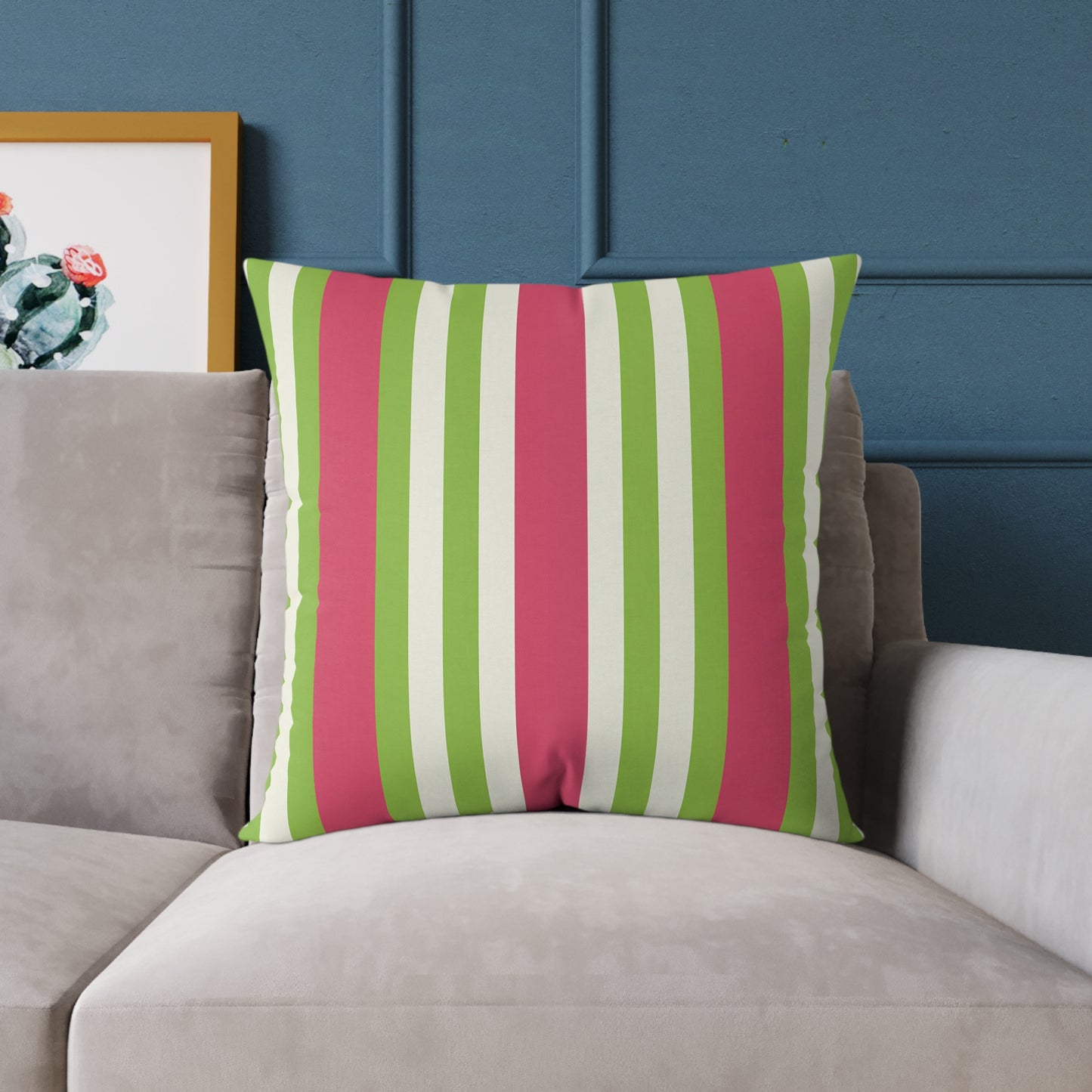 Watermelon Pink Green Vertical Stripe Pillow | Square Poly Canvas Pillow