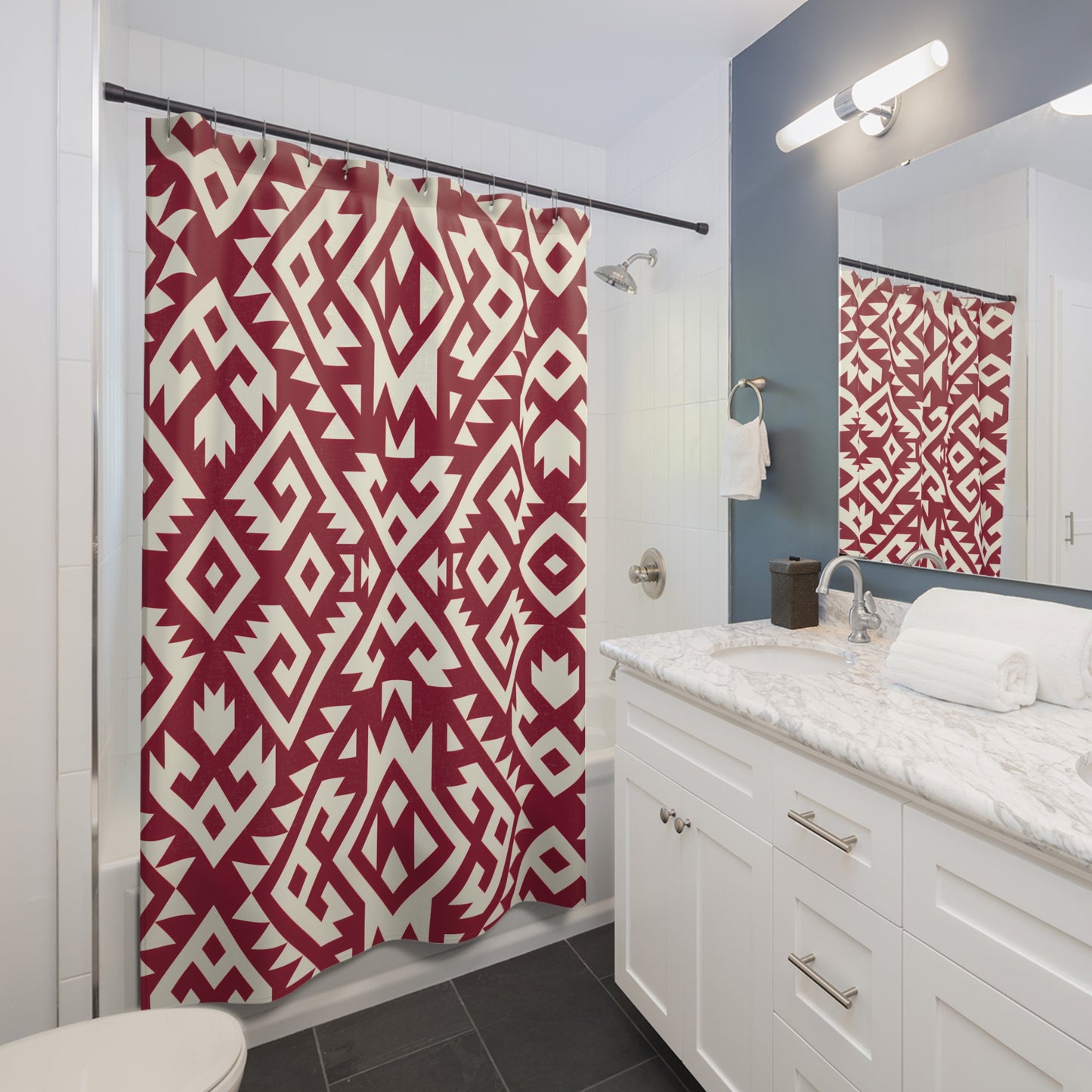 Maroon Off-White Aztec Geometric Shower Curtain | Tribal Pattern Bathroom Decor