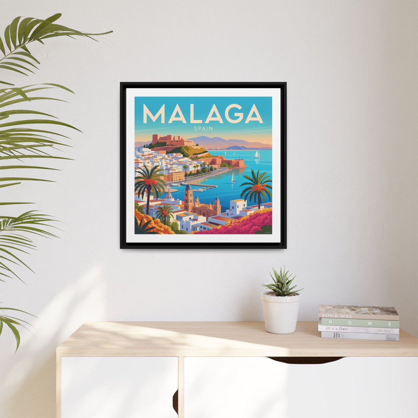 Malaga Spain Coastal  Matte Canvas Framed Wall Art| Vintage Style Travel Art