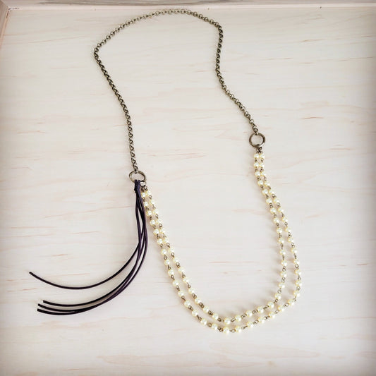 Double Strand Champagne Pearl Beaded Necklace, Leather Tassel  264s