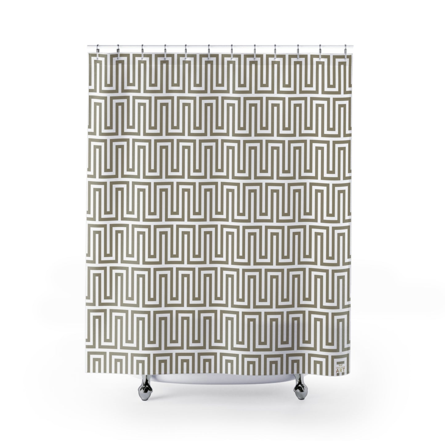 Geometric Greek Key Pattern Shower Curtain | Neutral Taupe Maze Design Classy Bathroom Accessory