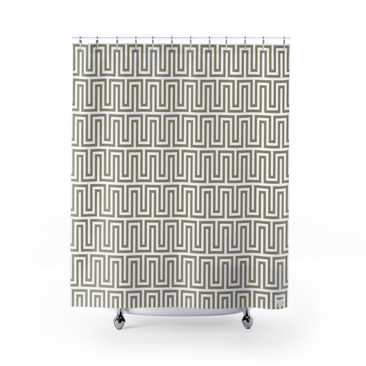 Geometric Greek Key Pattern Shower Curtain | Neutral Taupe Maze Design Classy Bathroom Accessory