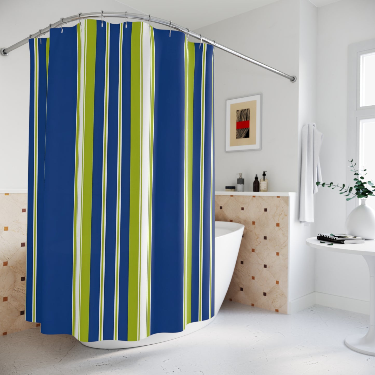 Blue and Green Vertical Stripes Shower Curtain | Nautical Modern Bathroom