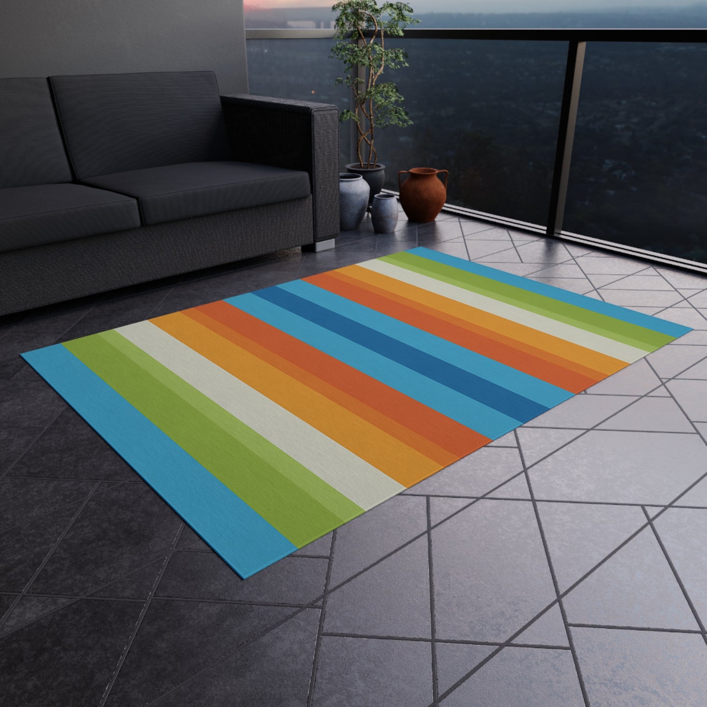 Colorful Vertical Stripe Outdoor/Indoor Rug | Blue Orange Green Patio Mat