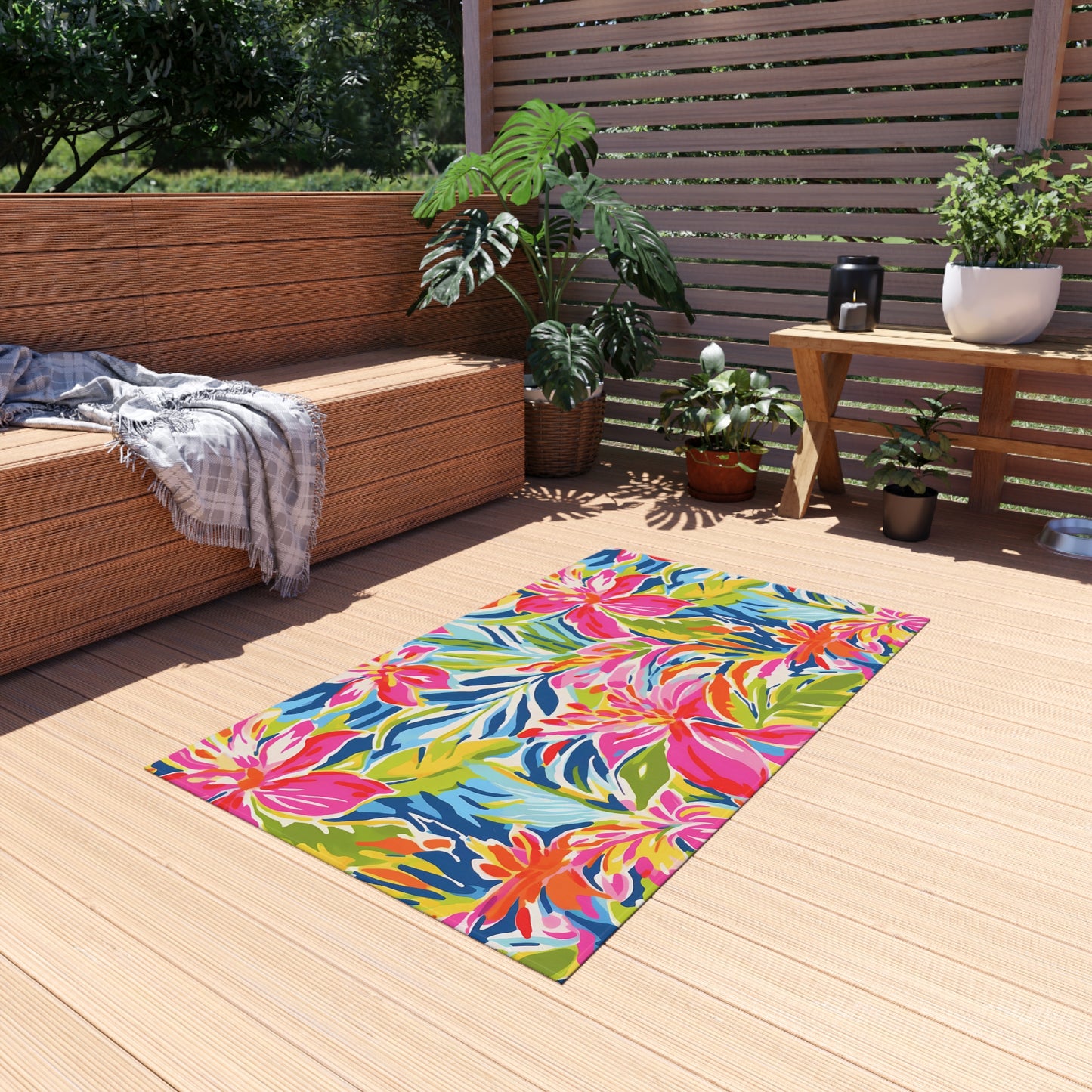 Tropical Floral Pattern Indoor/Outdoor Rug | Bright Hibiscus Beach Mat