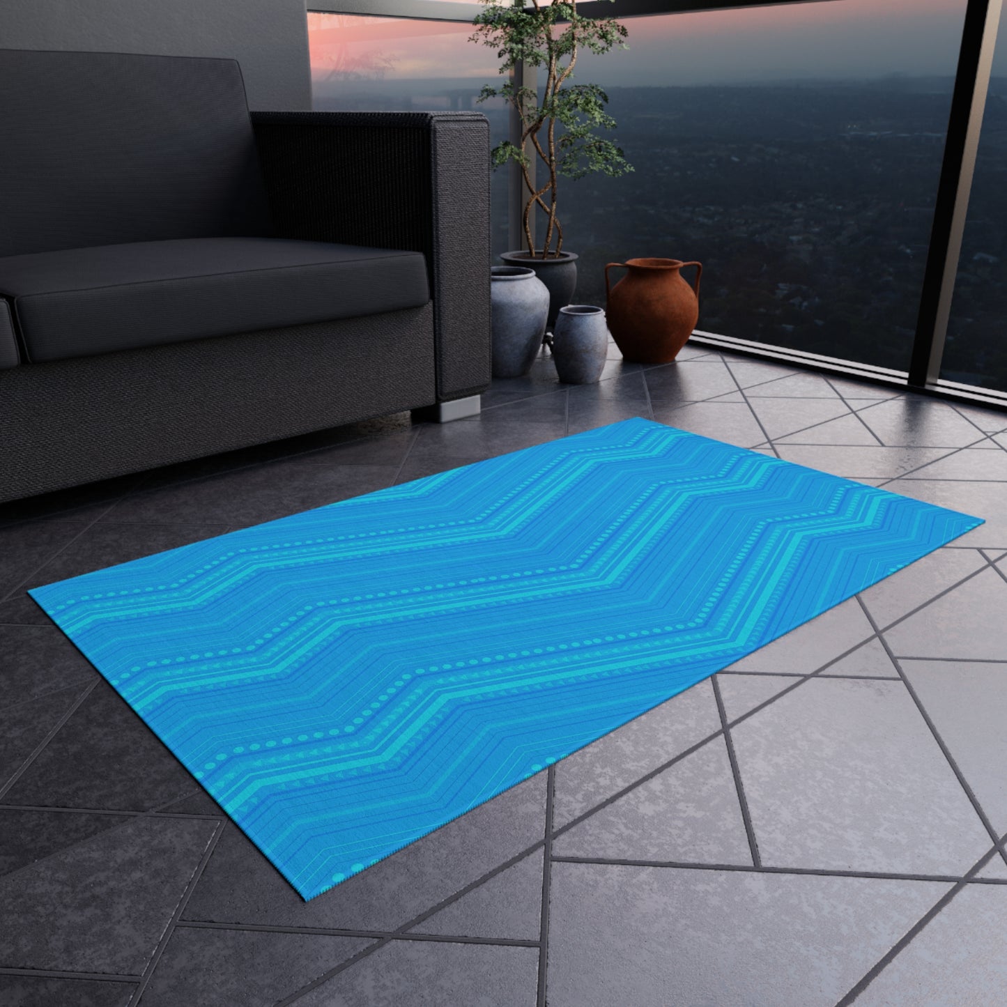 Blue Chevron Pattern Outdoor/Indoor Rug | Weatherproof Patio Mat