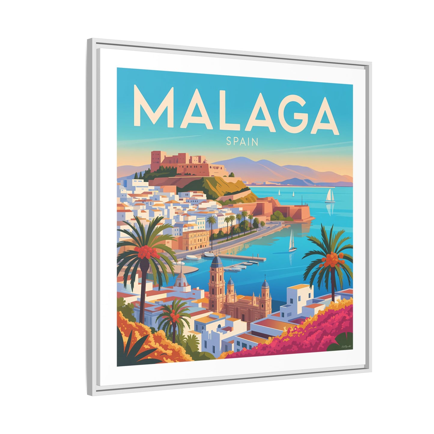Malaga Spain Coastal  Matte Canvas Framed Wall Art| Vintage Style Travel Art