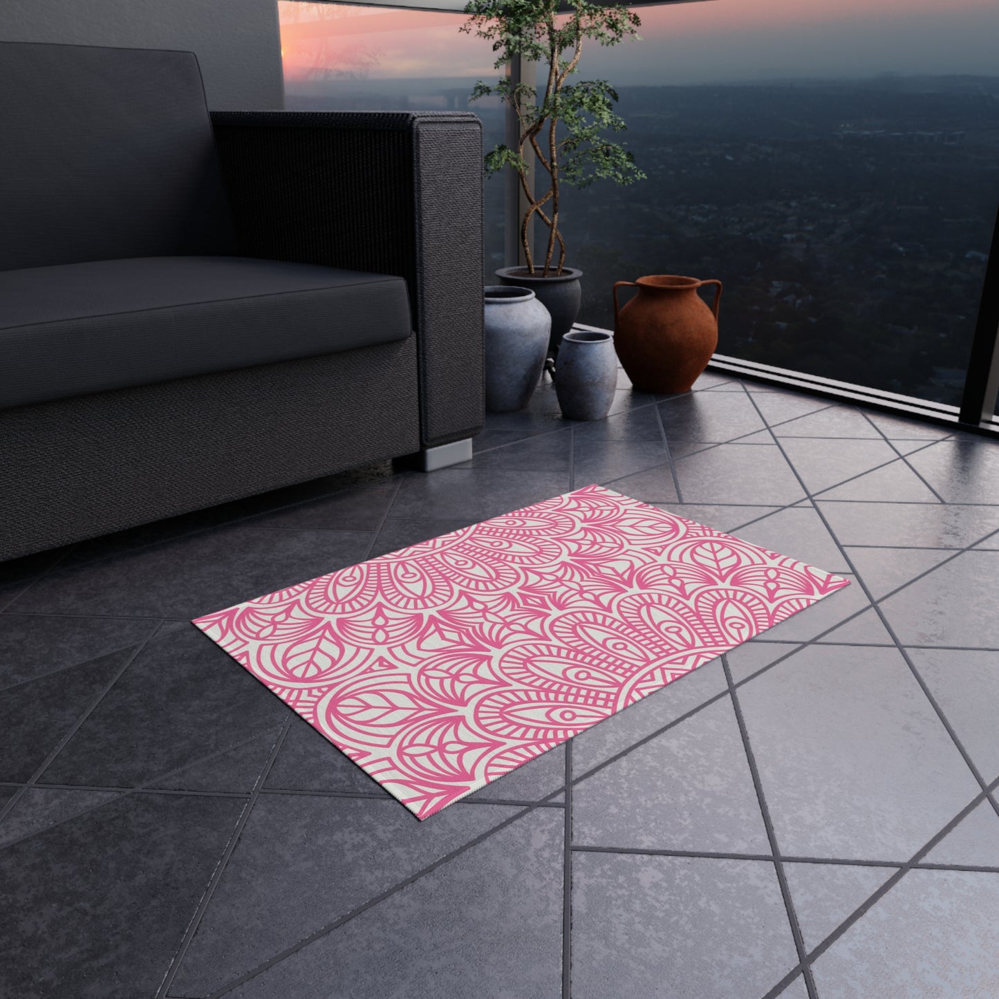 Pink Mandala Pattern Outdoor/Indoor Rug | Floral Patio Mat