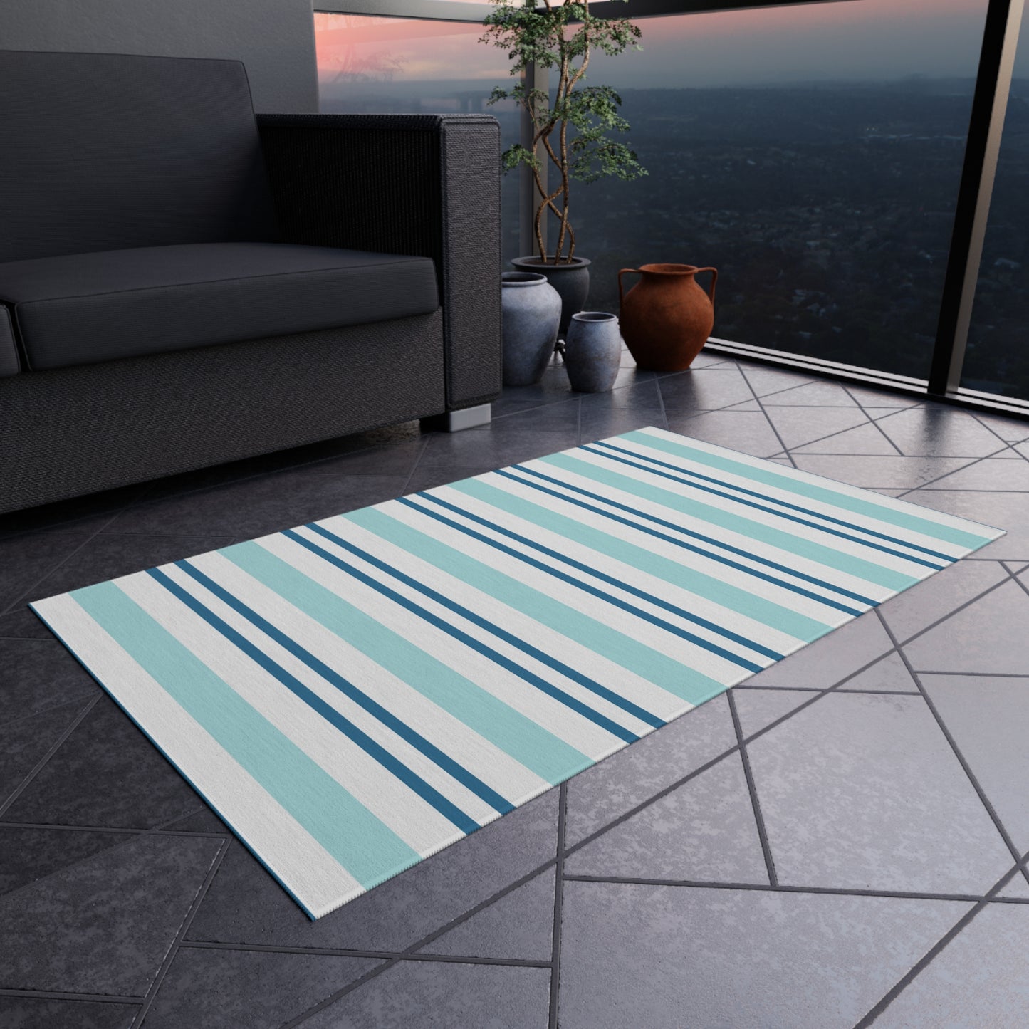 Blue White Striped Coastal Pattern Outdoor Rug | Patio Mat
