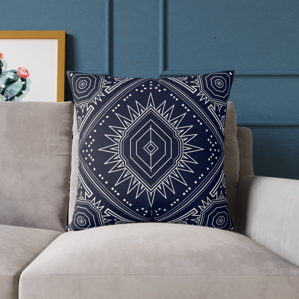 Navy Mandala Starburst Square Pillow | Boho Geometric Throw Cushion
